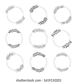 Collection of elegant circle frames and borders with flowers, herbs and leaves. Vector isolated illustration.