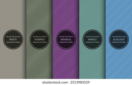 Colección de elegantes patrones de contorno de curva sin fisuras de colores. Texturas onduladas a rayas. Fondos minimalistas repetibles de Vector con líneas onduladas