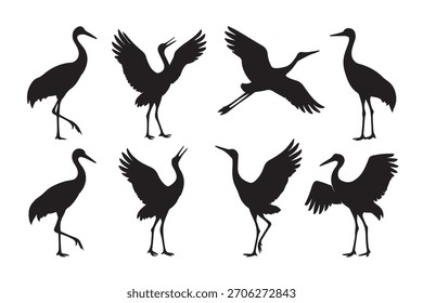 Colección de siluetas elegantes del pájaro de la grúa en diversas poses aisladas en el fondo blanco