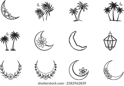 Collection of Elegant Crescent Moons Palm Trees and Floral Designs