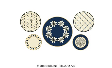 Collection of elegant decorative ceramic plates with blue and white floral, geometric, and celestial patterns.