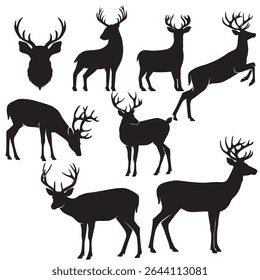 A collection of elegant deer silhouette illustration in various dynamic poses, perfect for use in wildlife themed design, nature inspired projects, minimalist graphics composition, Clipart etc