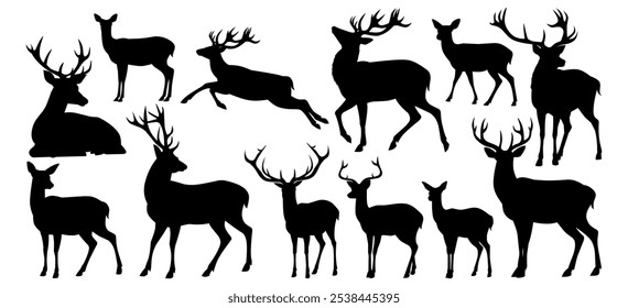 A collection of elegant deer silhouettes, showcasing various poses and antler sizes.