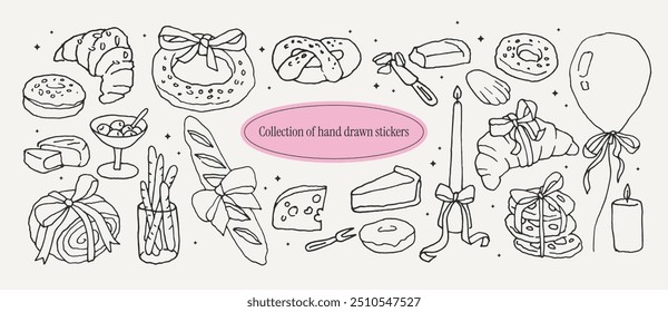 Collection of elegant dining line art elements. Hand drawn stickers included a croissant, baguette, bagel, bagel, cookies, bows, cheese, balloon, olives, candle. Vintage ink clipart casual scribble.