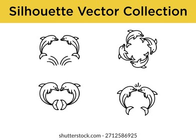 Una colección de iconos de vectores de silueta de delfines elegantes, perfectos para diseños, logotipos e ilustraciones de temática marina.