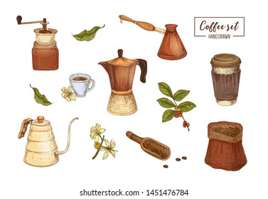 Collection elegant drawings tools for coffee brewing    moka pot  grinder  swan neck pour over kettle  cezve  takeout cup  bag  scoop  coffee plant  Realistic hand drawn vector illustration 