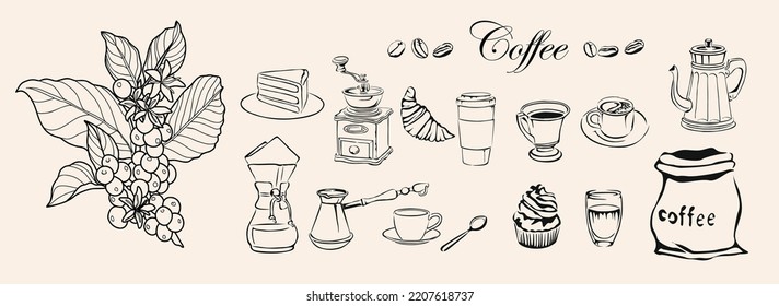 Colección de elegantes dibujos de herramientas para la elaboración de café - molienda, hervidor de agua, cezve, taquilla, bolso, granos de café, croissant, bizcocho. Ilustración de arte vectorial dibujada a mano monocroma, boceto de tinta negra
