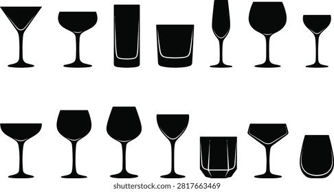 Collection of Elegant Drinking Glass Silhouettes for Cocktails, Wine, Champagne, and Barware Design Concepts