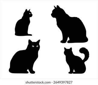 Uma coleção de elegantes silhuetas felino cativantes ilustrações de gato preto contra um fundo branco bonito e artístico