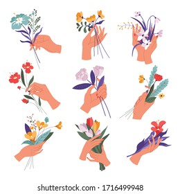 Collection of elegant female hands holding flowers in bloom. Set of simple bouquets and compositions with blossom and leaves, present or gift for woman. Celebration of holidays, vector in flat