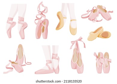 Collection elegant feminine ballet flats with ribbons vector flat illustration. Set of traditional ballerina shoes for art dancing isolated. Pink and beige ballet dance costume gymnastic performance
