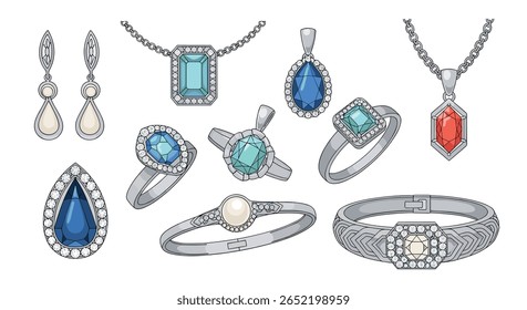 Coleção de elegantes peças de joias finas com pedras preciosas e diamantes