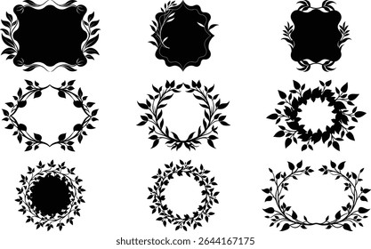 Collection of Elegant Floral Frames and Wreaths in Silhouette