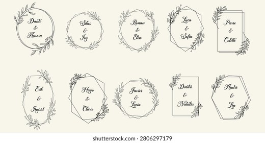 Collection of elegant floral wreath frames featuring botanical decorations for wedding invitations greeting cards stationery branding scrapbooking and decorative design projects with vintage charm