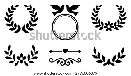 Collection of elegant floral wreaths, borders, and dove motifs, perfect for wedding or romantic designs.