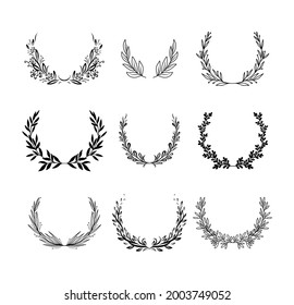 Collection of elegant floral wreaths. Floral round frames from flowers, branches and leaves, laurel. Decorative elements for design. Vector illustration  isolated on white background