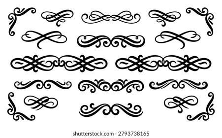 Collection of elegant flourish borders and corner elements, perfect for adding refined touches to text designs.