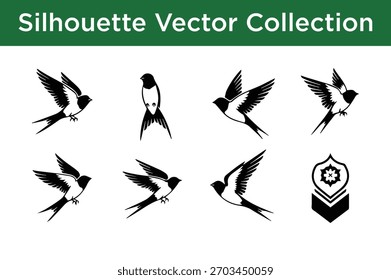 Una colección de elegantes siluetas de aves golondrinas voladoras en varias poses dinámicas, perfectas para proyectos de diseño.