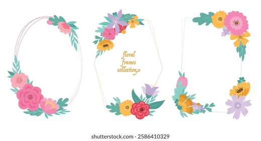 Collection of elegant frames with flowers and lush leaves for invitations templates, birthday cards, banners, social media decor, prints, posters, etc. EPS 10