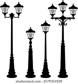 A collection of elegant garden lamp vector illustrations featuring various styles and designs.