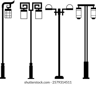 A collection of elegant garden lamp vector illustrations featuring various styles and designs.