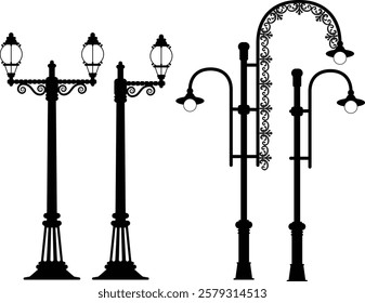 A collection of elegant garden lamp vector illustrations featuring various styles and designs.