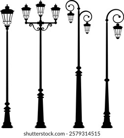 A collection of elegant garden lamp vector illustrations featuring various styles and designs.