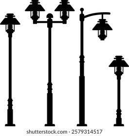 A collection of elegant garden lamp vector illustrations featuring various styles and designs.