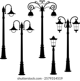 A collection of elegant garden lamp vector illustrations featuring various styles and designs.