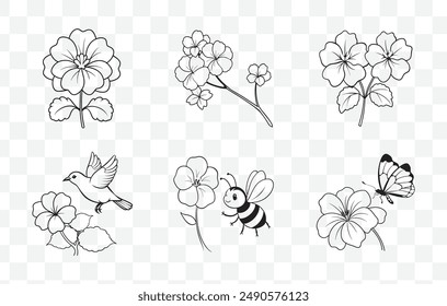 Collection of Elegant Geranium Flower Line Art Vector Illustrations