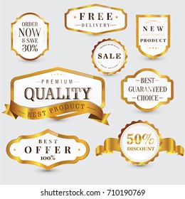 Collection of elegant gold design elements - buttons, badges, labels