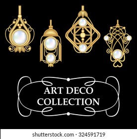 Collection of elegant gold earrings with pearls art deco. Golden pendant set with pearl. Vintage jewelry in victorian style. Symmetric classic design, jewel for festive occasions. 