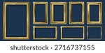 Collection of elegant gold picture frames. Classic vintage decorative golden borders and frames. Empty painting frames with golden engraved and carved wooden borders