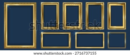 Collection of elegant gold picture frames. Classic vintage decorative golden borders and frames. Empty painting frames with golden engraved and carved wooden borders