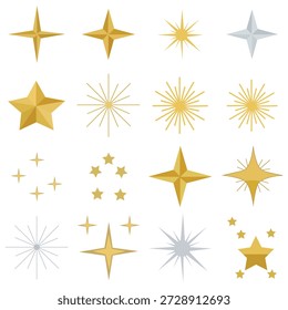 Eine Sammlung eleganter Gold- und Silberfunkel-Ikonen, Töne und Sternenformen in verschiedenen Stilen. Dieses Vektorset eignet sich perfekt für das Hinzufügen von Magie, Glanz oder dekorativen Bursts zu festlichen und festlichen Designs.