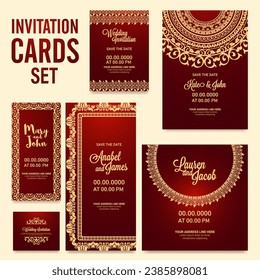Collection of Elegant Golden Mandala style design for Wedding Invitation Cards Set.