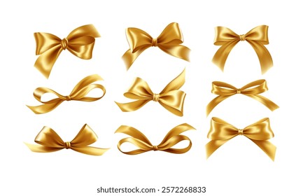 Collection of Elegant Golden Ribbons and Bows Set on White Background. A set of  golden ribbon bows in various styles, perfect for decorating gifts, events, and celebrations. Vector illustration EPS10