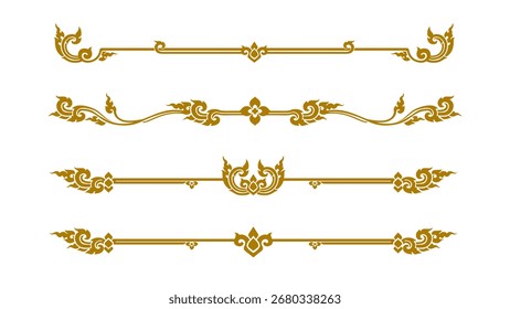 Collection of elegant golden Thai borders and page dividers. Traditional luxury line ornaments in Lai Kanok style, perfect for wedding invitations, menus, certificates, or decorative frames.