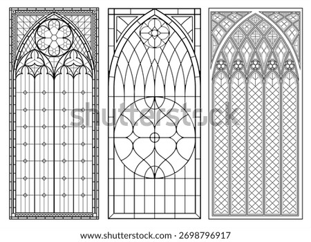Collection of elegant gothic stained glass window designs with pointed arches and intricate geometric patterns. Perfect for architecture projects, cathedral decorations, interior design, coloring page