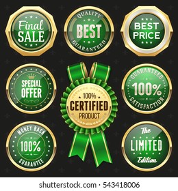 Collection of elegant green and gold design elements - buttons, badges, labels