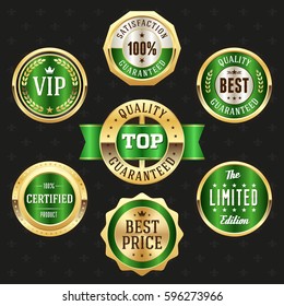 Collection of elegant green and gold design elements - buttons, badges, labels