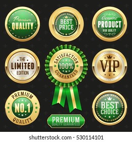 Collection of elegant green and golden design elements - buttons, badges, labels
