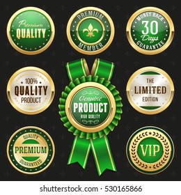 Collection of elegant green and golden design elements - buttons, badges, labels