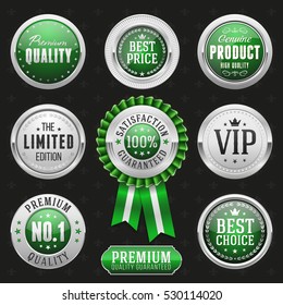 Collection of elegant green and silver design elements - buttons, badges, labels