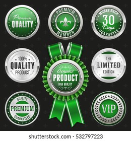 Collection of elegant green and silver design elements - buttons, badges, labels