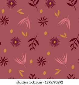 Collection of elegant greenery florals and branches with leaves, flowers, berries. Seamless pattern of decorative elements for design. Isolated dark red, yellow on pink background. Botanical vector