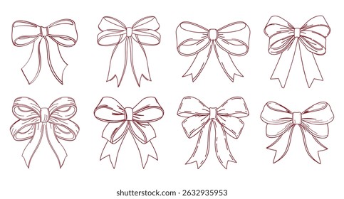 Collection of elegant hand drawn red ribbon bows. Hand drawn sketch illustration.