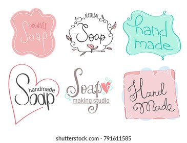 Collection of elegant hand drawn soap labels for handmade studio. Vector templates for soap package design. Cute badges for soap shop, handmade products.