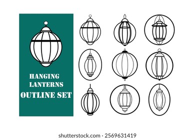 A collection of elegant hanging lanterns in outline style, featuring tassels and intricate details. Perfect for festive decorations, Islamic art, invitations, posters, and creative design projects.