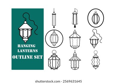 A collection of elegant hanging lanterns in outline style, featuring tassels and intricate details. Perfect for festive decorations, Islamic art, invitations, posters, and creative design projects.